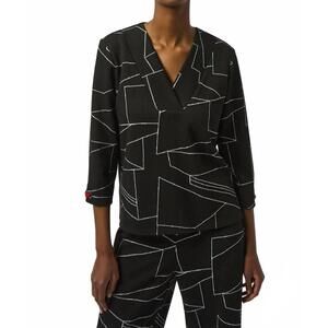 NEW JOSEPH RIBKOFF abstract print v-neck 3/4 sleeves top in black/off-white
